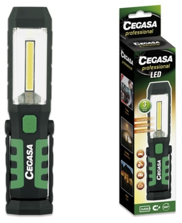 Cegasa Profesional Linterna Magnetica LED - COB Lateral, LED Superior y Luz de Emergencia - Gancho Ajustable 360º  - Funciona con 2 Pilas AAA (No Incluidas) - Color Negro/Verde