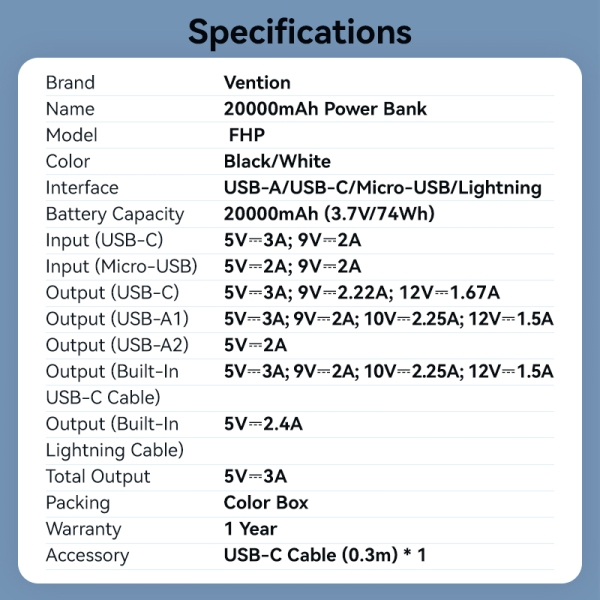 Imagen extra Vention Power Bank 20.000mAh - Multiples interfaces USB - Carga rapida - Cable USB-C incluido - Color Blanco
