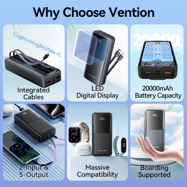 Imagen extra Vention Power Bank 20.000mAh - Multiples interfaces USB - Carga rapida - Cable USB-C incluido - Color Blanco