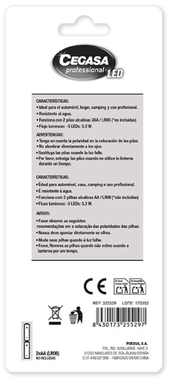 Imagen extra Cegasa Profesional Linterna de 3 LED - Resistente a Golpes y Agua IP44 - Funciona con 2 Pilas AA LR6 (No Incluidas)