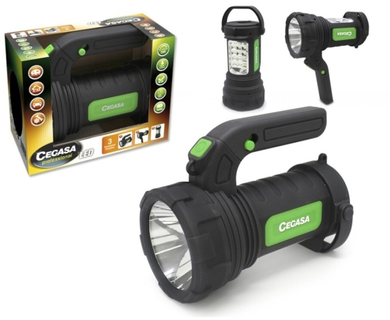 Cegasa Profesional Linterna/Foco LED 220lm - Modo Linterna, Foco y Lampara de Pie - Funciona con 3 Pilas AA (No Incluidas) - Color Negro/Verde