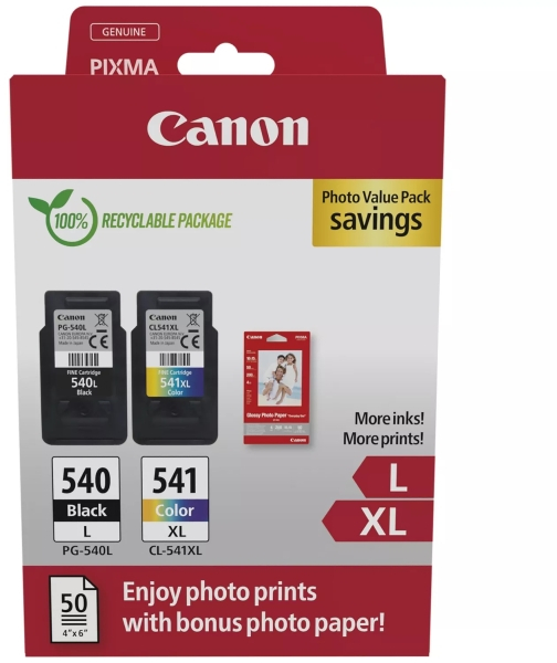 PACK Canon PG540L Negro + CL541XL Color Originales + PAPEL FOTOGRAFICO 50 Hojas de regalo 5224B012 