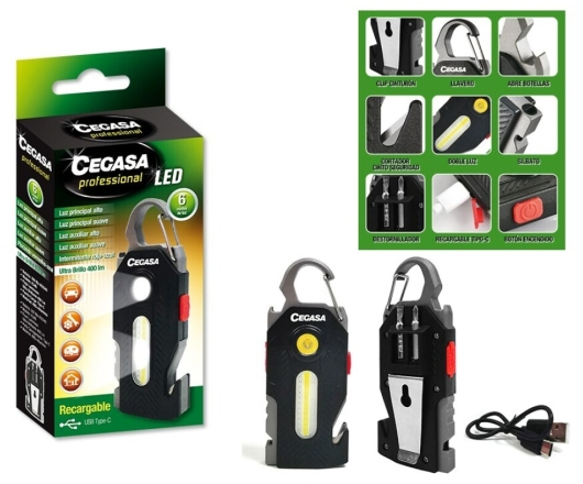 Cegasa Profesional Linterna Supervivencia COB+1 LED hasta 400lm - Autonomia hasta 1.5h - Bateria 300mAh USB-C - Color Negro