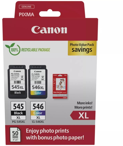 Canon PG545XL Negro + CL546XL Color Pack de 2 Cartuchos Originales 50 Hojas de Papel Fotografico 8286B006