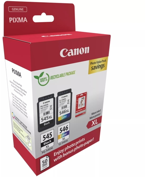 Imagen extra Canon PG545XL Negro + CL546XL Color Pack de 2 Cartuchos Originales 50 Hojas de Papel Fotografico 8286B006