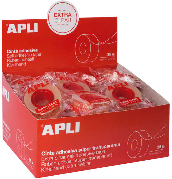 CAJA 35 Cinta adhesiva Apli Extra Clear 19mm x 33m - Facil de Cortar con las Manos - Transparente
