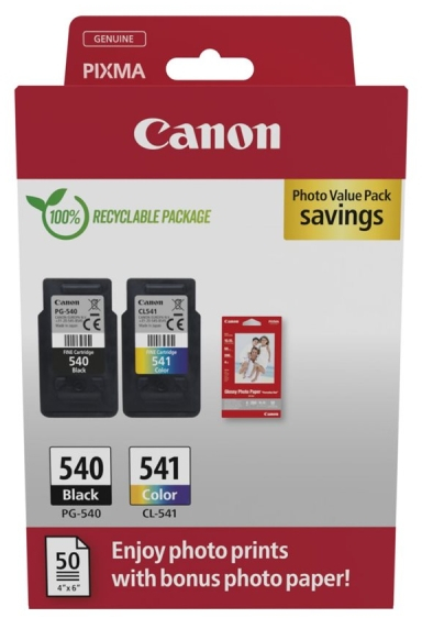 PACK Canon PG-540 Negro + CL-541 Tricolor Original + 50 Hojaspapel fotografico CL541 PG540 5225B013