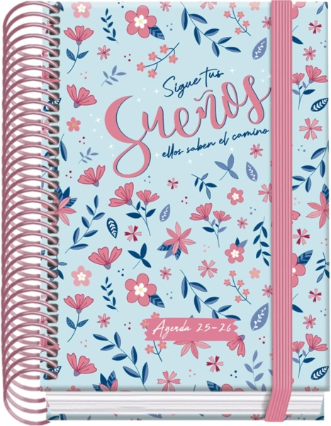 Dohe Blossom Agenda Escolar 25/26 Espiral A6 - Dia Pagina - Papel 70g/m2 - 4 Hojas de Pegatinas - Cubierta de Carton Plastificado - Cierre con Goma Elastica