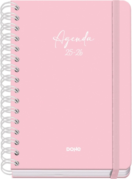 Dohe Serenity Agenda Escolar 25/26 Espiral Wire’o A5 - Semana Vista - Papel 80g/m2 - 4 Hojas de Pegatinas - Cubierta de Carton Plastificado - Cierre con Goma Elastica - Rosa