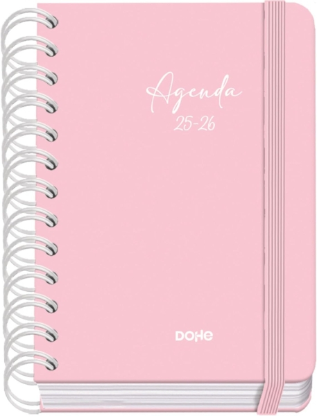 Dohe Serenity Agenda Escolar 25/26 Espiral Wire’o A6 - Dia Pagina - Papel 80g/m2 - 4 Hojas de Pegatinas - Cubierta de Carton Plastificado - Cierre con Goma Elastica - Rosa