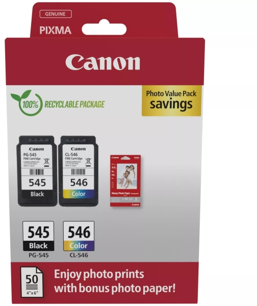 PACK Canon PG545 Negro + CL546 Color + 50 Hojas papel Originales 8287B008 8287B006 8287B005