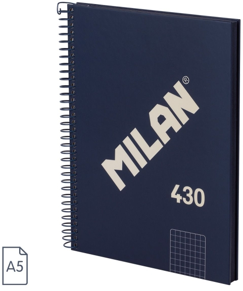 Milan Serie 1918 Cuaderno Espiral A5 Cuadricula 5x5mm - 80 Hojas de 95 gr/m2 - Microperforado 2 Taladros - Azul