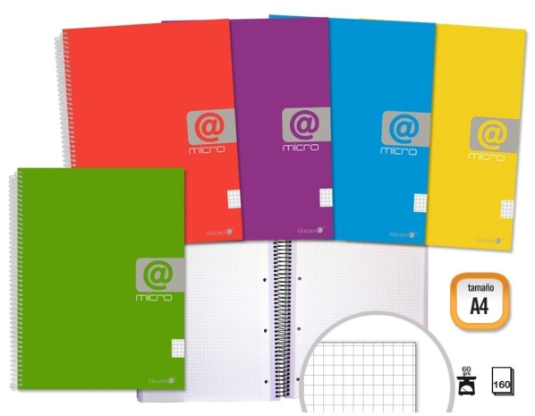 Golden Cuaderno Espiral A4 160 Hojas 60grs Cuadricula 5x5 - Hojas Microperforadas con 4 Taladros y 4 Bandas de - Tapa Resistente Forrada - Colores Surtidos