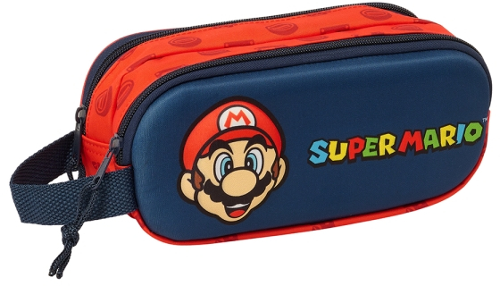 Safta Super Mario Estuche Portatodo 3D - 2 Compartimentos - - 21x8x6cm - Rojo y Azul