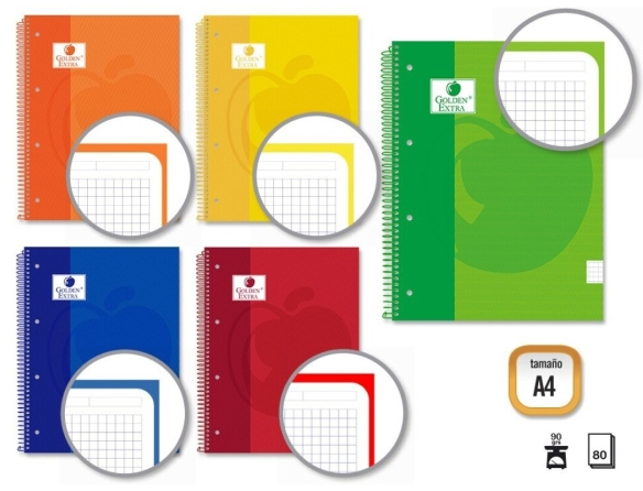 Cuaderno ECONOMICO A4 80 Hojas 90grs Cuadricula 5x5 - Hojas Microperforadas con Banda colores - Tapa Extradura - Colores Surtidos