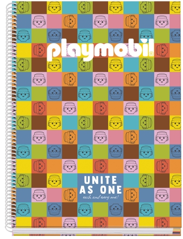 Dohe Playmobil Unite As One Cuaderno Espiral A4 100 Hojas Microperforadas Cuadricula 5mm - Tapa Dura Carton Forrado - Bandas de Color