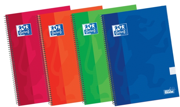 Oxford School Classic Write&Erase Cuarto Cuaderno Espiral - Tapa Extradura - 4x4 con Margen - 80 Hojas - Colores Surtidos