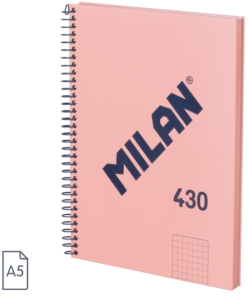 Milan Serie 1918 Cuaderno Espiral A5 Cuadricula 5x5mm - 80 Hojas de 95 gr/m2 - Microperforado 2 Taladros - Rosa