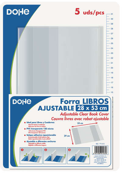 PACK de 5 Cubiertas Protectoras de Libros DOHE - Solapa Adhesiva Reposicionable - 28x53cm - PVC 120 micras