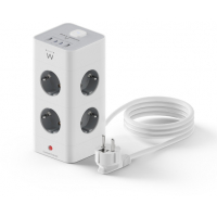 Ewent Regleta con 12 Tomas de Sobremesa - 8x Schuko 16A - 2x USB-A - 2x USB-C - Interruptor On/Off - Proteccion Infantil - Forma de Torre - Cable de 2m - Color Blanco/Gris