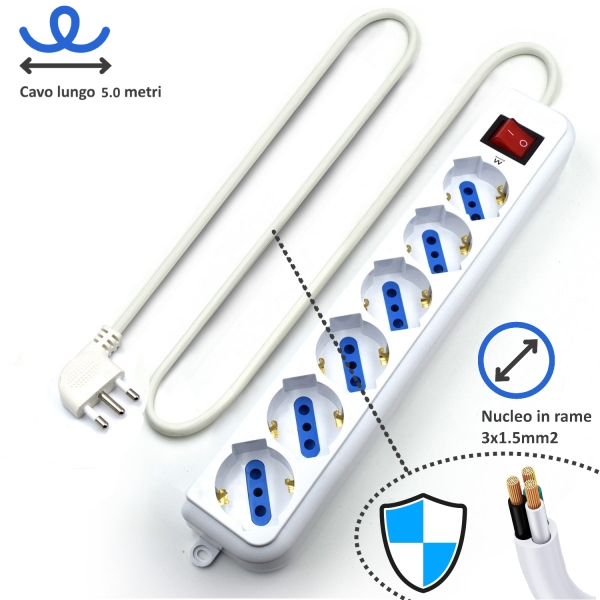 Imagen extra Regleta con 6 Tomas Schuko de 10/16A - Proteccion contra Sobretensiones - 5m