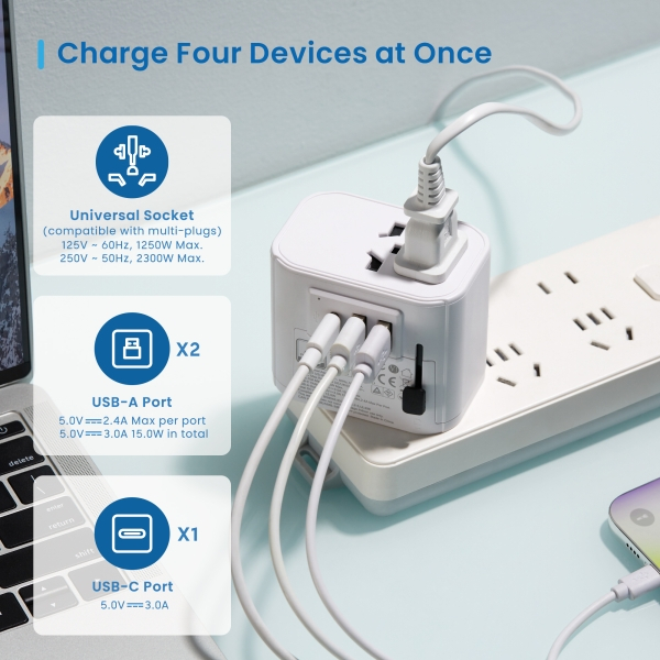 Imagen extra Ewent Adaptador de Viaje Universal - Conexiones para Europa (Schuko), USA, UK, Australia, China - 2xUSB-A - 1xUSB-C - Color Plata