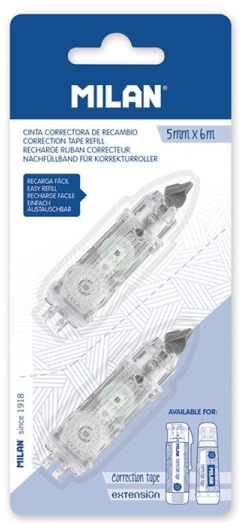 Milan Pack de 2 Recambios para Cinta Correctora 5mm x 6m - Compatible con Correctores Cilindrico y Extension