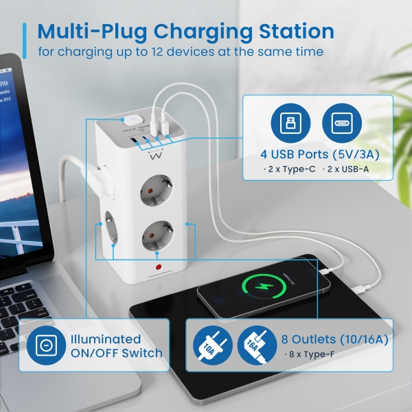 Imagen extra Ewent Regleta con 12 Tomas de Sobremesa - 8x Schuko 16A - 2x USB-A - 2x USB-C - Interruptor On/Off - Proteccion Infantil - Forma de Torre - Cable de 2m - Color Blanco/Gris