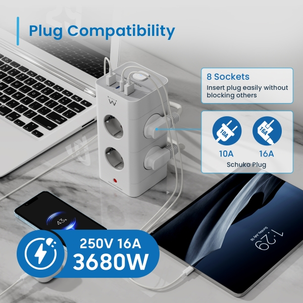 Imagen extra Ewent Regleta con 12 Tomas de Sobremesa - 8x Schuko 16A - 2x USB-A - 2x USB-C - Interruptor On/Off - Proteccion Infantil - Forma de Torre - Cable de 2m - Color Blanco/Gris
