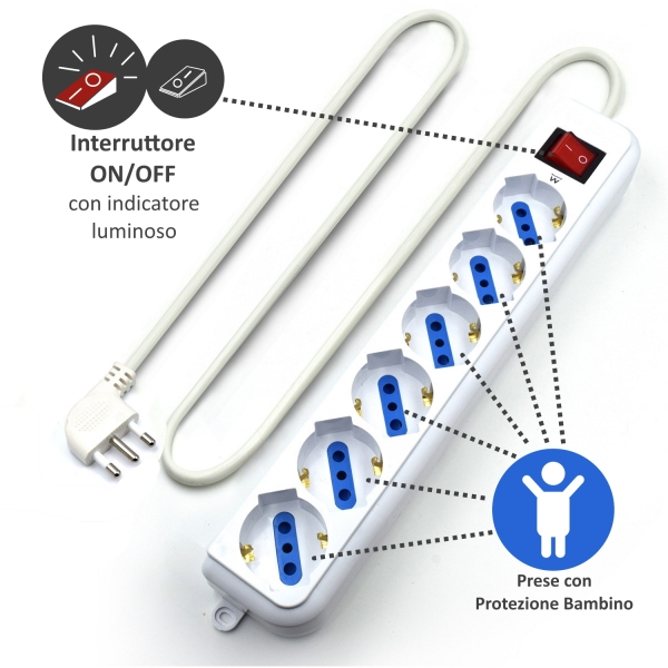 Imagen extra Regleta con 6 Tomas Schuko de 10/16A - Proteccion contra Sobretensiones - 5m