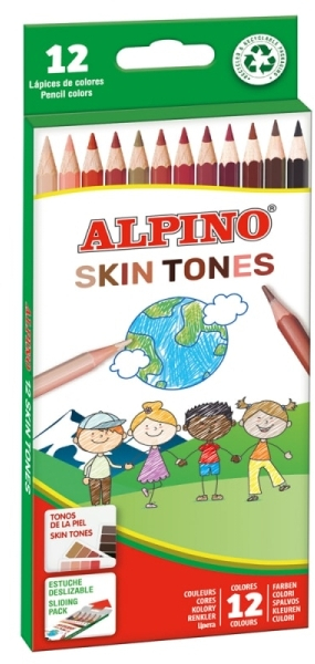Alpino Skin Tones Pack de 12 Lapices de Colores Hexagonales - Mina de 3mm - Resistente a la Rotura - Bandeja Extraible - Colores que Recrean los Diferentes Tonos de Piel