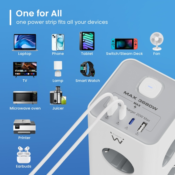 Imagen extra Ewent Regleta con 12 Tomas de Sobremesa - 8x Schuko 16A - 2x USB-A - 2x USB-C - Interruptor On/Off - Proteccion Infantil - Forma de Torre - Cable de 2m - Color Blanco/Gris