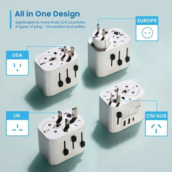 Imagen extra Ewent Adaptador de Viaje Universal - Conexiones para Europa (Schuko), USA, UK, Australia, China - 2xUSB-A - 1xUSB-C - Color Plata