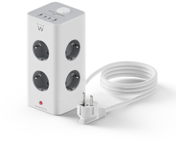 Ewent Regleta con 12 Tomas de Sobremesa - 8x Schuko 16A - 2x USB-A - 2x USB-C - Interruptor On/Off - Proteccion Infantil - Forma de Torre - Cable de 2m - Color Blanco/Gris