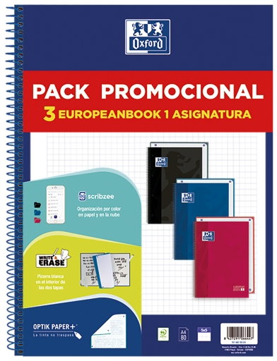 PACK 3 Cuadernos Oxford Europeanbook 1 Classic Espiral A4+ Cuadriculado 5x5mm - 80 Hojas 90gr - Tapa Extradura