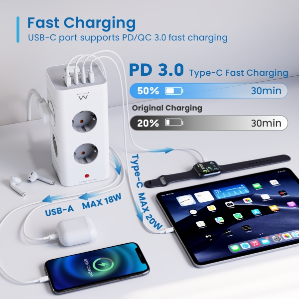 Imagen extra Ewent Regleta con 12 Tomas de Sobremesa - 8x Schuko 16A - 2x USB-A - 2x USB-C - Interruptor On/Off - Proteccion Infantil - Forma de Torre - Cable de 2m - Color Blanco/Gris