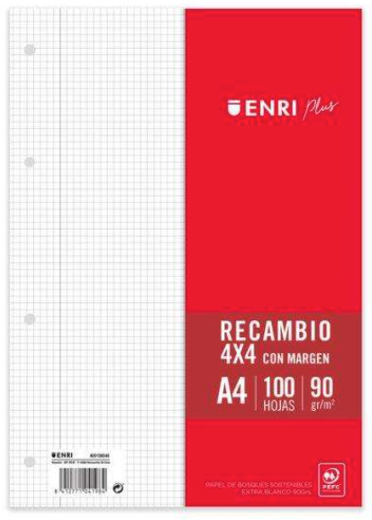 Recambio de 100 Hojas 90gr A4 Cuadriculado 4x4mm - 4 Taladros