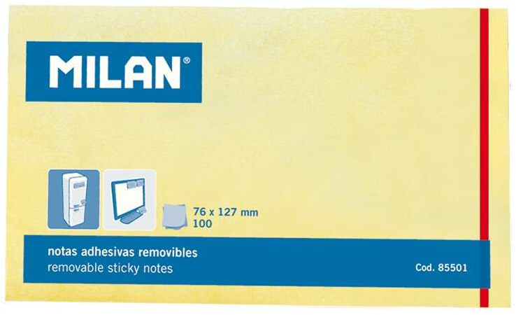 Milan Bloc 100 Notas Adhesivas - Removibles - 76mm x 127mm - Amarillo Claro