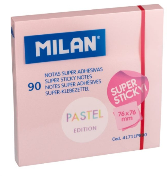 Milan Bloc 90 Notas Super Adhesivas - Removibles 76mm x 76mm - Rosa Pastel
