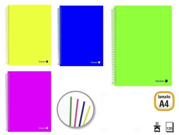 PACK 4 Cuadernos A4 120 Hojas 90gr Cuadricula 5x5 - Hojas Microperforadas con Banda de Color y 4 Taladros - Tapa Plastico