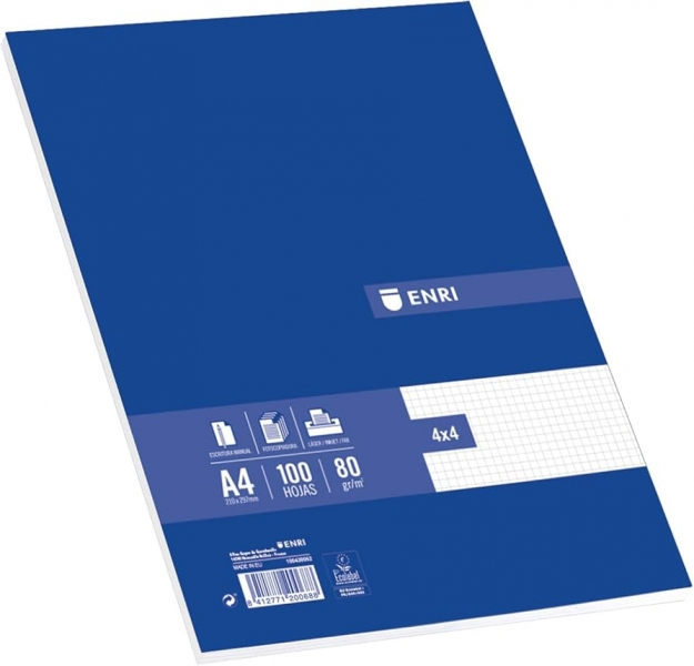 Recambio de 100 Hojas A4 Cuadricula 4x4 de 80gr (Sin taladros). Enri