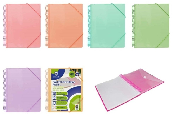 Bismark Carpeta Espiral 40 Fundas A4 con Portada personalizable - Polipropileno - Cierre de Gomas - Colores Pastel Surtidos
