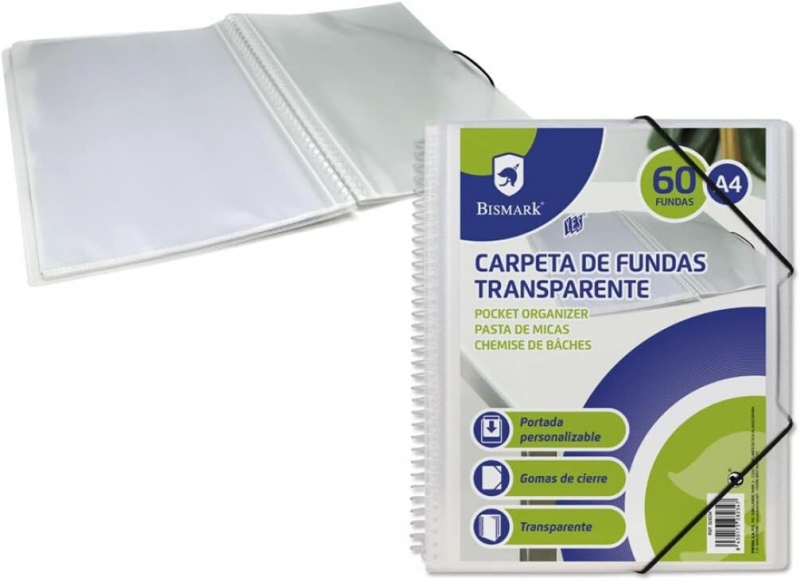 Bismark Carpeta Espiral con 60 Fundas Transparentes A4 Portada Personalizable y Cierre con gomas