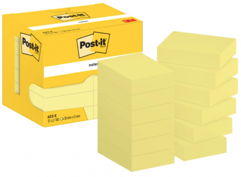 PACK 12 Notas adhesivas 3M POST-IT de 38 x 51mm Amarillos. 100 hojas