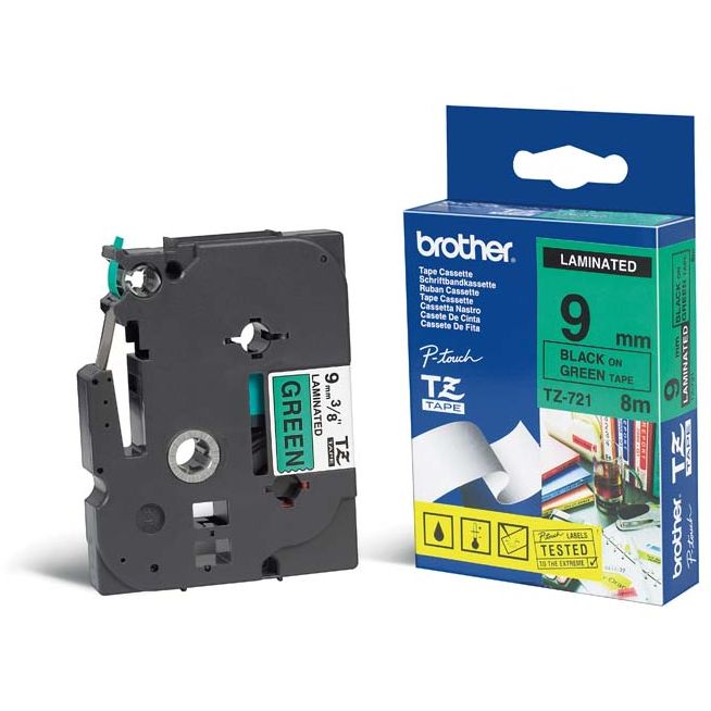 Cinta laminada Verde / Negro 9mm x 8m Brother TZ-721