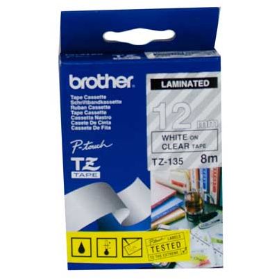 Cinta laminada 12mm x 8m Transparente Blanco Brother TZ-135