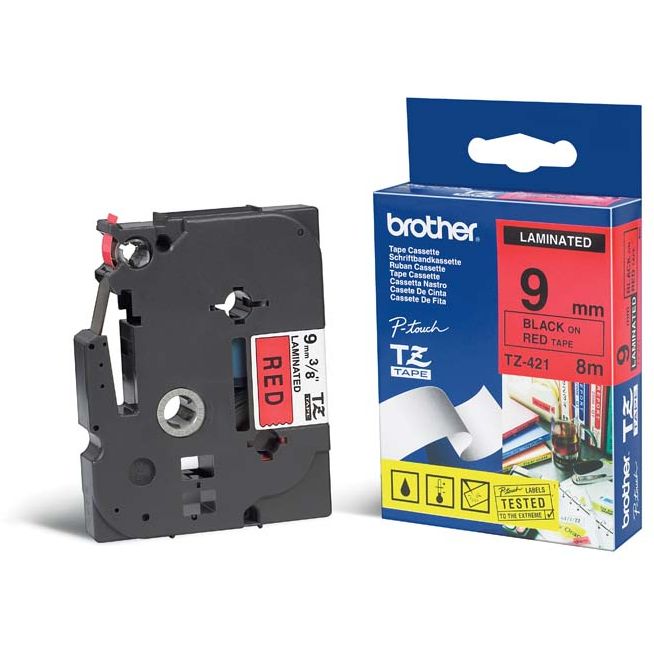 Cinta laminada Rojo / Negro 9mm x 8m Brother TZ-421