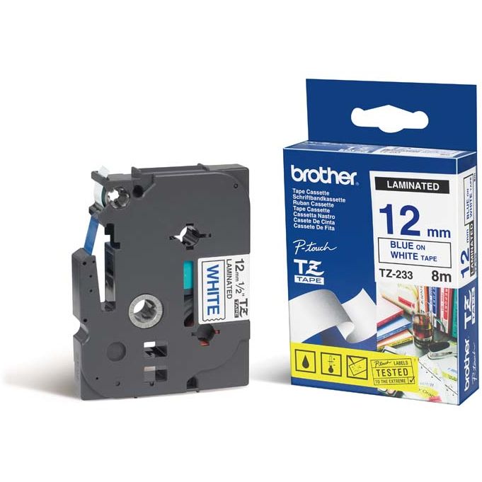 Cinta laminada Blanco / Azul 12mm x 8m Brother TZ-233