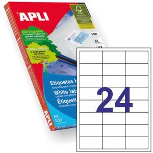 Etiquetas APLI 1263. Caja 100 Hojas A4 de 24 Etiquetas por Hoja