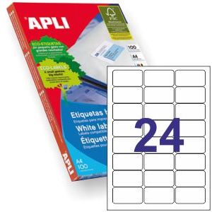 Etiquetas APLI 2409. Caja 100 Hojas A4 de 24 Etiquetas de 64 x 33,9 mm